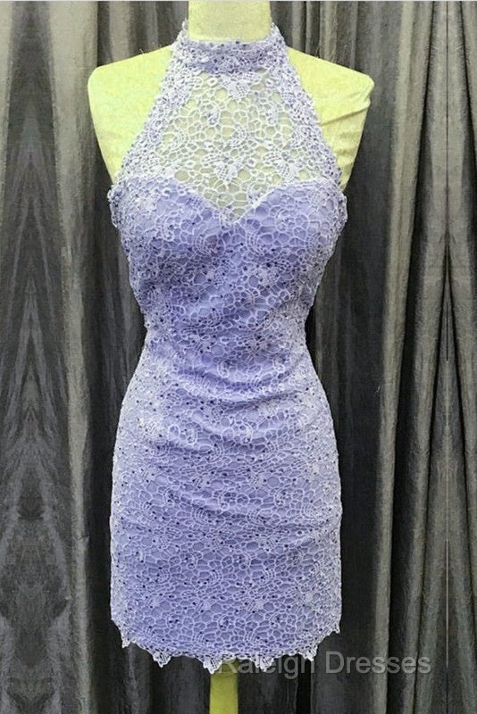 Elegant High Neck Open Back Lace Homecoming Dress Sheath Prom Dresses