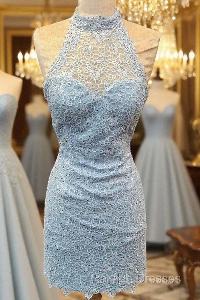 Elegant High Neck Open Back Lace Homecoming Dress Sheath Prom Dresses Main image