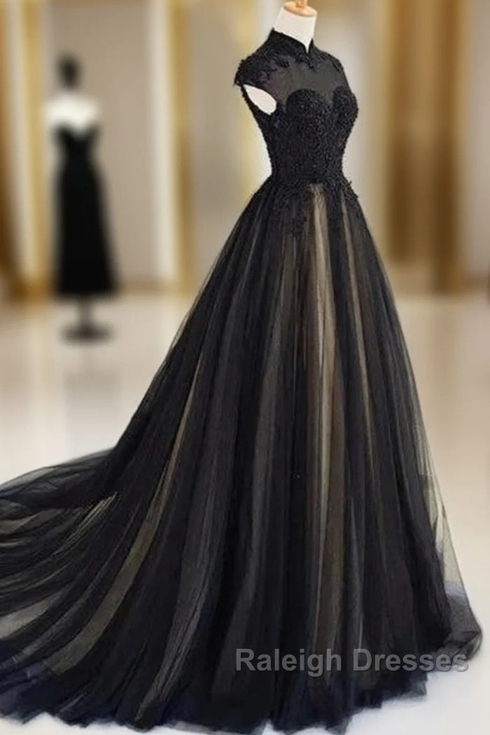 Elegant High Neck Prom Dress Black Formal Dress A Line Floor Length Evening Dress
