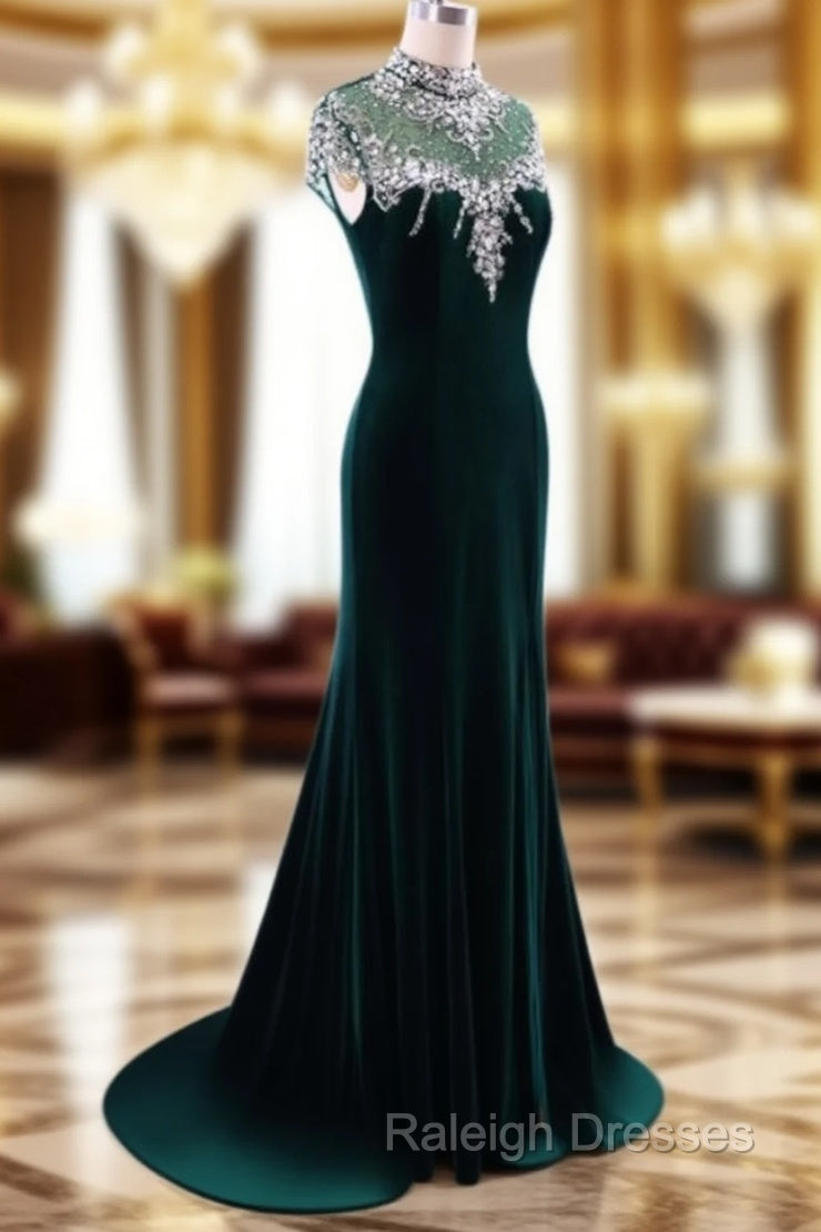 Elegant High Neck Prom Dresses Green Mermaid Evening Dress Main image