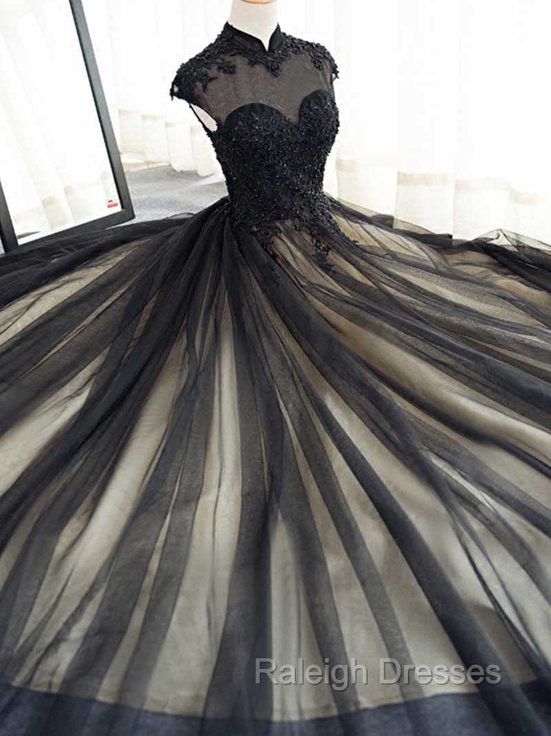 Elegant High Neck Swee Train Rhinestone Prom Dress, Black Formal Dress Main image