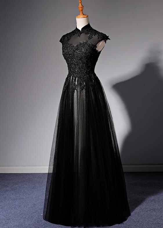 Elegant High Neckline Black Evening Dress, Tulle With Lace Applique Prom Dress