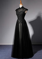 Elegant High Neckline Black Prom Dresses Tulle With Lace Applique Prom Dresses
