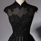 Elegant High Neckline Black Evening Dress, Tulle With Lace Applique Prom Dress