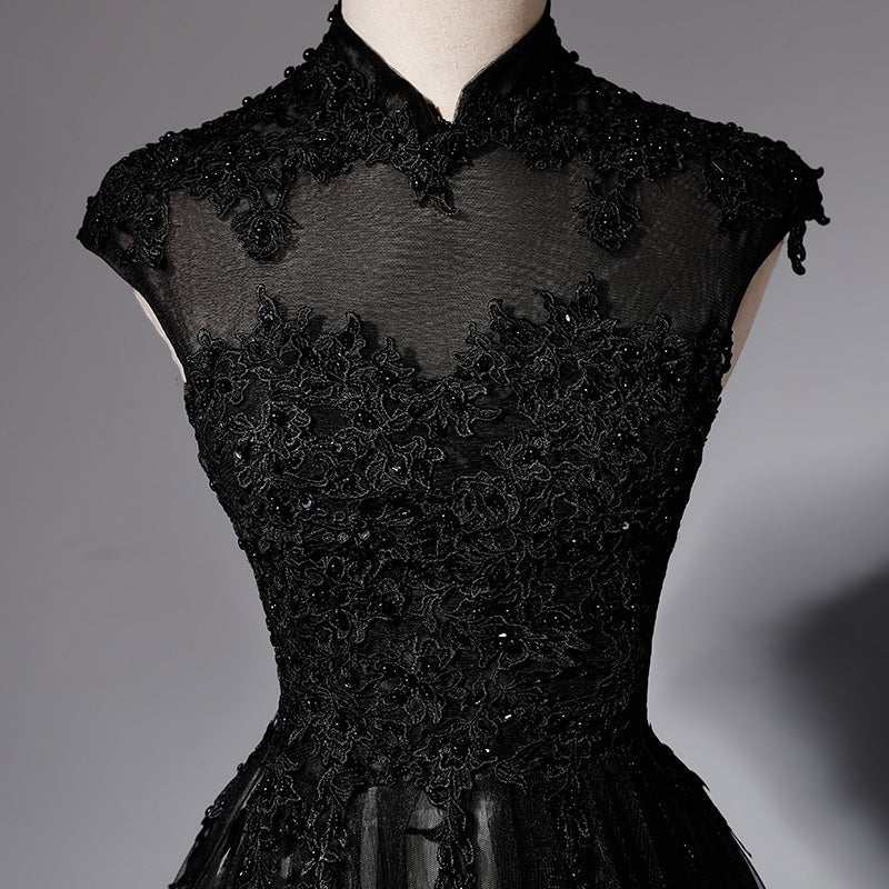 Elegant High Neckline Black Evening Dress, Tulle With Lace Applique Prom Dress