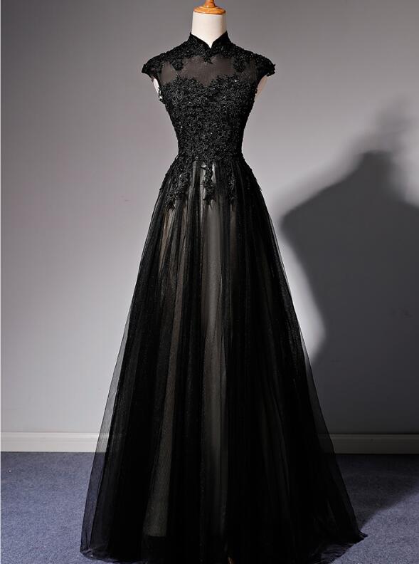Elegant High Neckline Black Evening Dress, Tulle With Lace Applique Prom Dress Main image