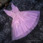 Elegant Homecoming Dress  Lavender Lace Appliques Tulle Plunge V Sleeveless Knee Length A-Line Wedding Guest Dress