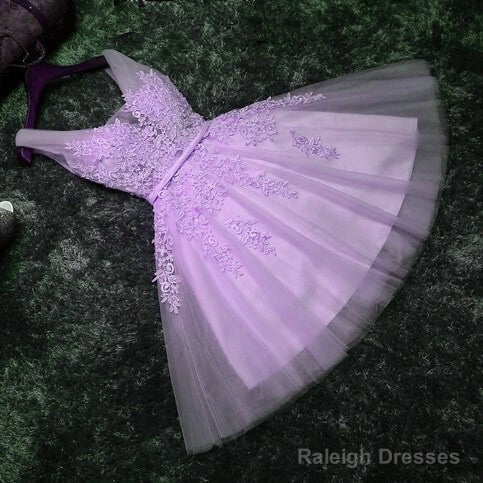 Elegant Homecoming Dress  Lavender Lace Appliques Tulle Plunge V Sleeveless Knee Length A-Line Wedding Guest Dress