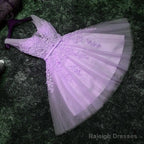 Elegant Homecoming Dresses Lavender Lace Appliques Tulle Plunge V Sleeveless Knee Length A-Line Wedding Guest Dresses