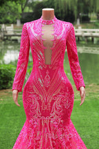Elegant Hot Pink Mermaid Prom Dresses Sequin Evening Party Dress Pageant Dresses for Women
