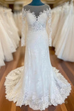Elegant Illusion Neck Lace Wedding Dress With Long Sleeves