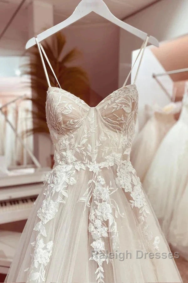 Elegant Italian Noodle Strap A-Line Lace Wedding Bridal Dresses