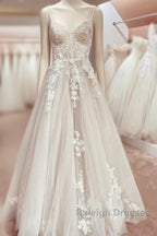 Elegant Italian Noodle Strap A-Line Lace Wedding Bridal Dress