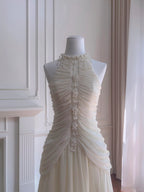 Elegant Ivory A-Line Halter Nack Pearl Pleated Chiffon Formal Prom Dress