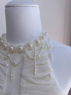 Elegant Ivory A-Line Halter Nack Pearl Pleated Chiffon Formal Prom Dress