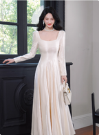 Elegant Ivory A-Line Square Neck Long-Sleeve Satin Long Formal Prom Dress