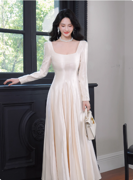 Elegant Ivory A-Line Square Neck Long-Sleeve Satin Long Formal Prom Dress