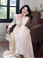 Elegant Ivory A-Line Square Neck Long-Sleeve Satin Long Formal Prom Dress