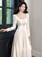 Elegant Ivory A-Line Square Neck Long-Sleeve Satin Long Formal Prom Dress