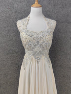 Elegant Ivory Cap-Sleeve Pearl Lace Chiffon Long Formal Prom Dress
