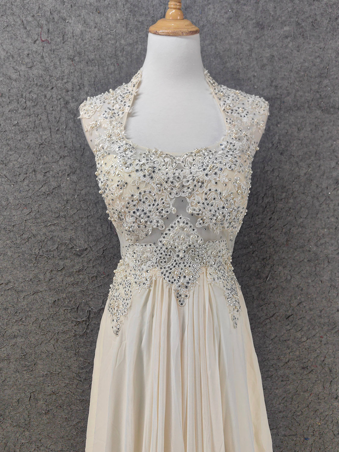 Elegant Ivory Cap-Sleeve Pearl Lace Chiffon Long Formal Prom Dress