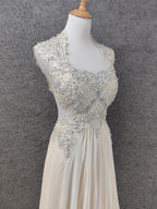 Elegant Ivory Cap-Sleeve Pearl Lace Chiffon Long Formal Prom Dress