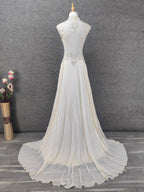 Elegant Ivory Cap-Sleeve Pearl Lace Chiffon Long Formal Prom Dress