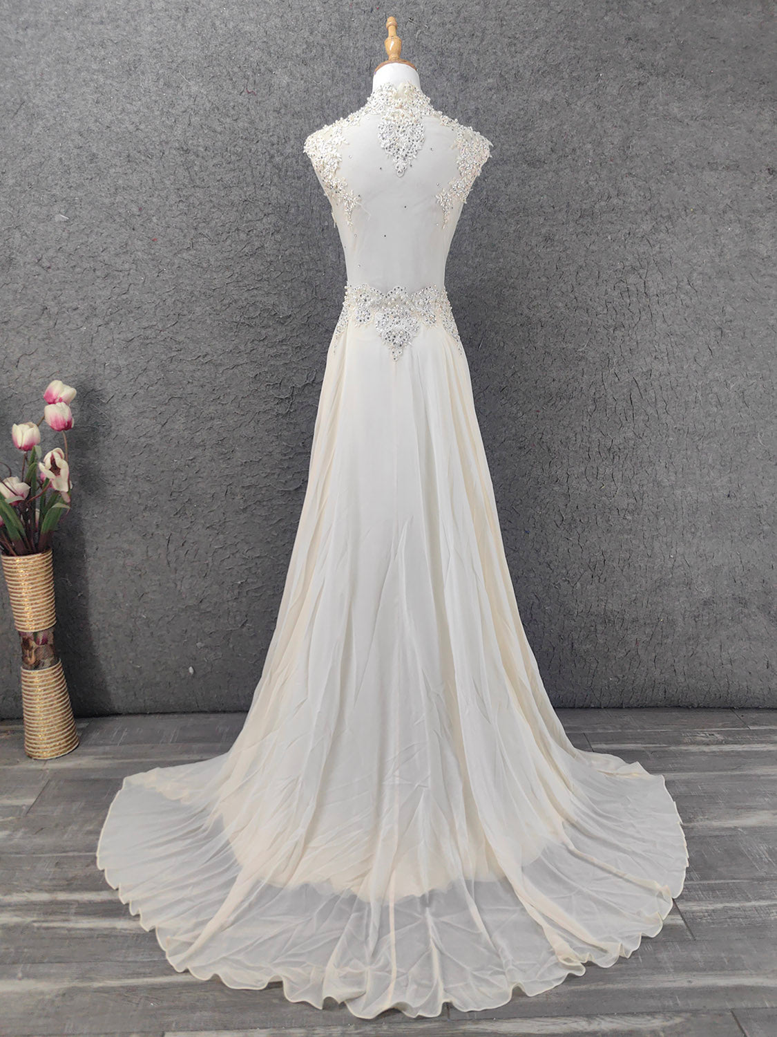 Elegant Ivory Cap-Sleeve Pearl Lace Chiffon Long Formal Prom Dress