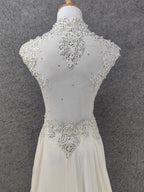 Elegant Ivory Cap-Sleeve Pearl Lace Chiffon Long Formal Prom Dress