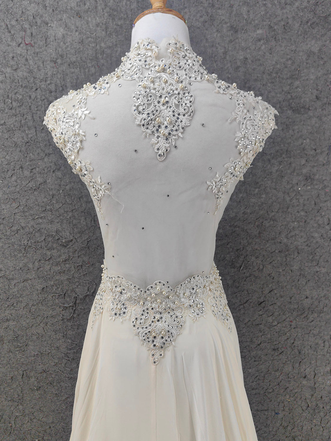 Elegant Ivory Cap-Sleeve Pearl Lace Chiffon Long Formal Prom Dress