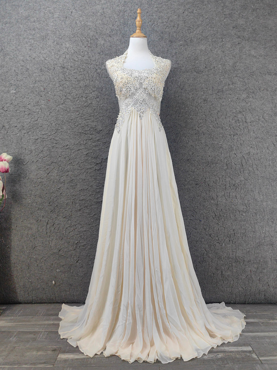 Elegant Ivory Cap-Sleeve Pearl Lace Chiffon Long Formal Prom Dress