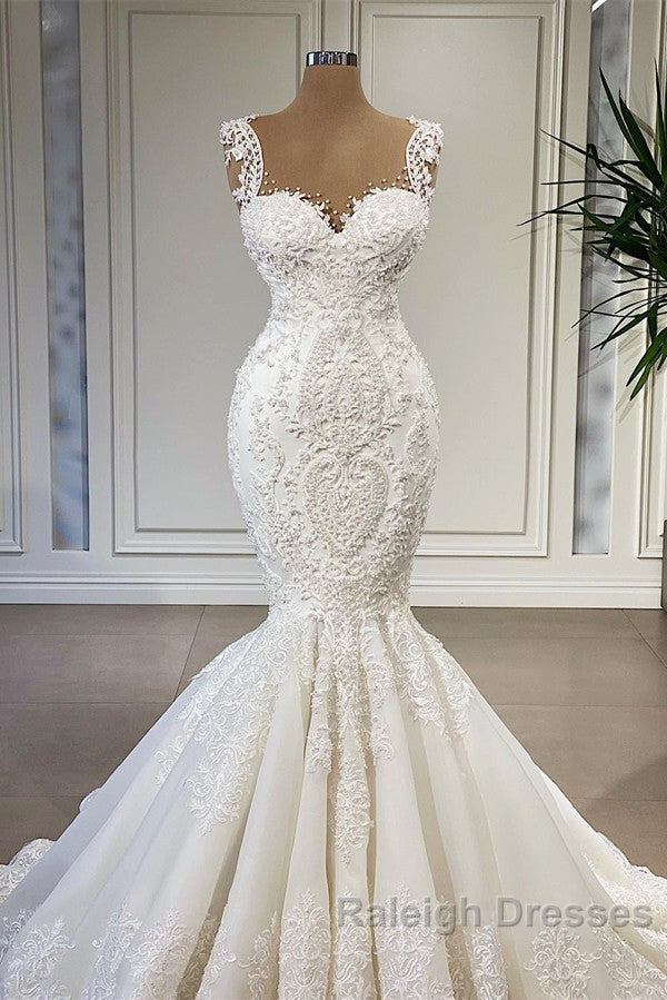 Elegant Ivory Long Mermaid Sweetheart Ruffles Lace Wedding Dresses Secondary image