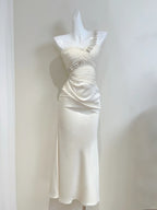 Elegant Ivory Mermaid One-Shoulder Neckline Pearl Rhinestone Satin Long Formal Prom Dress Bridesmaid Dress