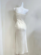 Elegant Ivory Mermaid One-Shoulder Neckline Pearl Rhinestone Satin Long Formal Prom Dress Bridesmaid Dress
