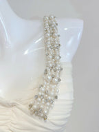 Elegant Ivory Mermaid One-Shoulder Neckline Pearl Rhinestone Satin Long Formal Prom Dress Bridesmaid Dress