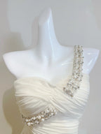 Elegant Ivory Mermaid One-Shoulder Neckline Pearl Rhinestone Satin Long Formal Prom Dress Bridesmaid Dress