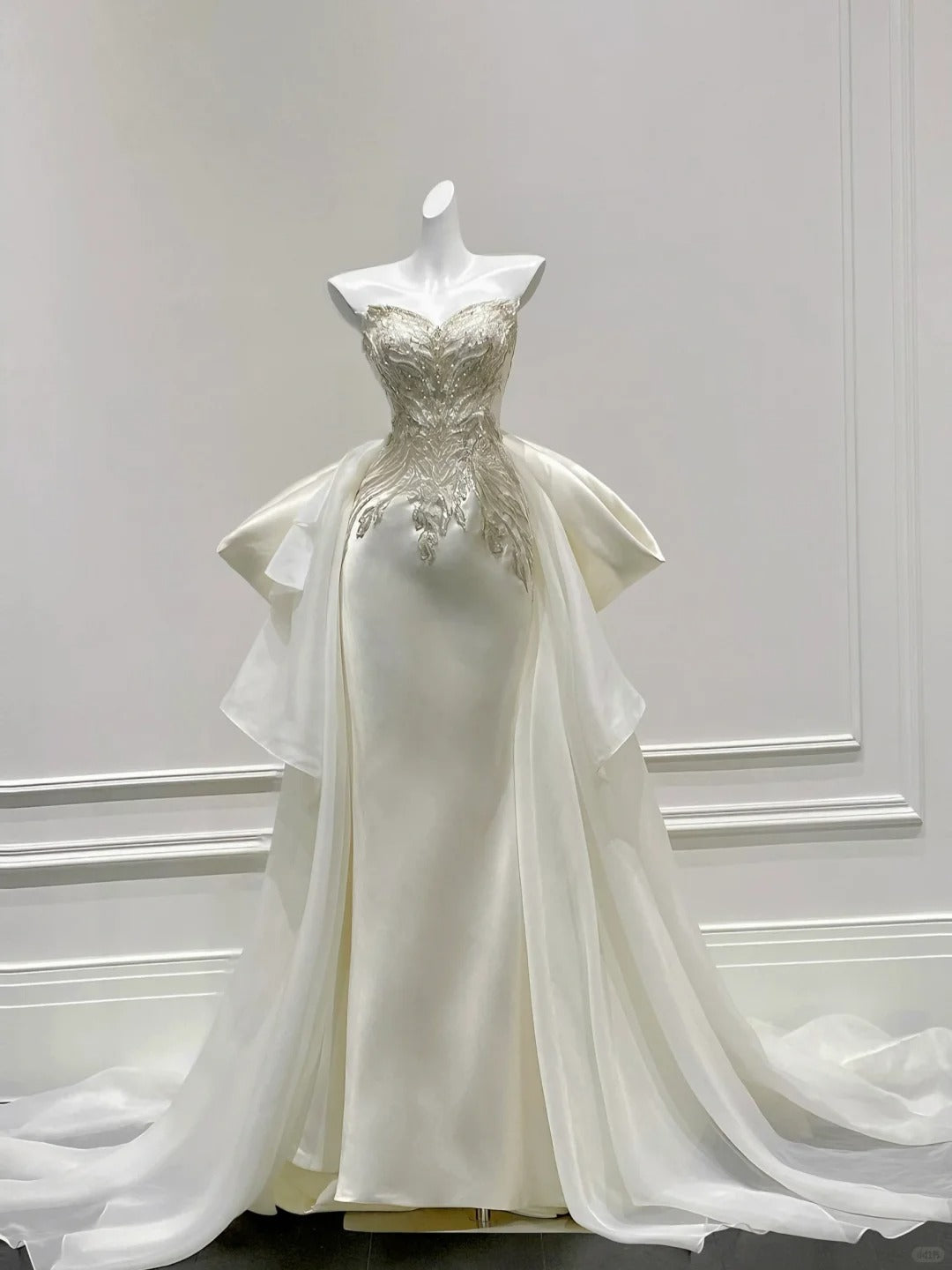 Elegant Ivory Mermaid Strapless Beaded Satin Wedding Dress With Train Main image