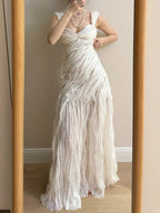 Elegant Ivory Pleated Satin Long Formal Prom Dress