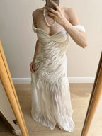 Elegant Ivory Pleated Satin Long Formal Prom Dress