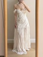 Elegant Ivory Pleated Satin Long Formal Prom Dress