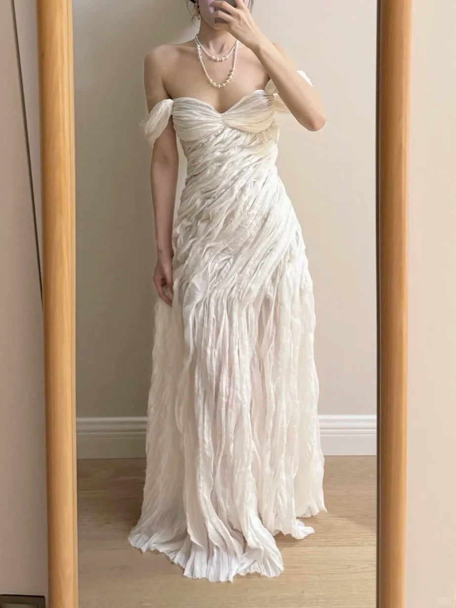 Elegant Ivory Pleated Satin Long Formal Prom Dress