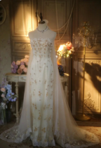 Elegant Ivory Strapless Beaded Floral Tulle Train Long Formal Prom Dress