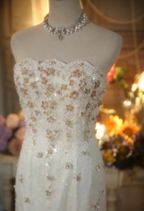 Elegant Ivory Strapless Beaded Floral Tulle Train Long Formal Prom Dress