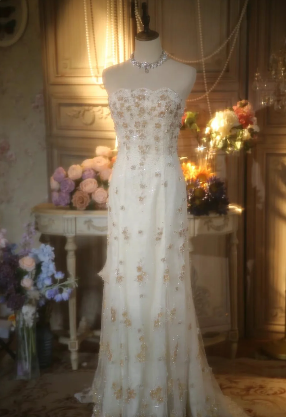 Elegant Ivory Strapless Beaded Floral Tulle Train Long Formal Prom Dress