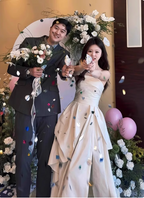 Elegant Ivory Strapless High-Slit Satin Train Formal Prom Dress Wedding Dress