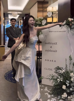 Elegant Ivory Strapless High-Slit Satin Train Formal Prom Dress Wedding Dress