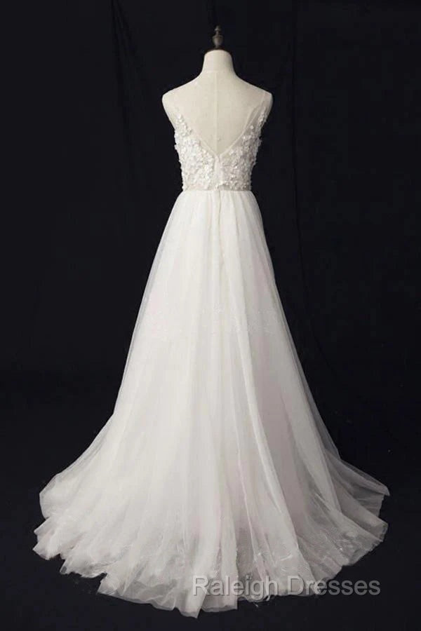 Elegant Ivory Tulle V-Neck A-Line Floor Length Wedding Dress