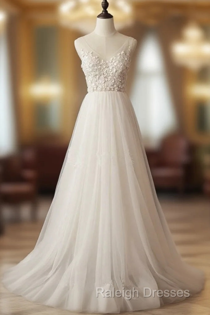 Elegant Ivory Tulle V-Neck A Line Floor Length Wedding Dresses Main image