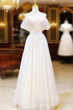 Elegant Ivory Tulle with Lace Long Off Shoulder Party Dress A-line Prom Dress prom dresses shops