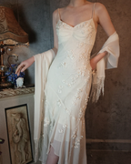 Elegant Ivory Mermaid V-Neck Thin Straps 3D Floral Chiffon Long Formal Prom Dress